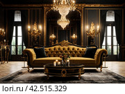 Vintage interior with antique furniture on black background. Old gondola sofa, chandelier and candelabra on table by huge mirror. Gold in black. Copyright space. Large space for inscription or logo. Стоковое AI-изображение, AI-художник Aleksandr Golubev / Фотобанк Лори