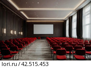 Conference room with red chairs, interior lighting, and empty white insulated screen. Business meetings, conferences, trainings, used as template for elegant design. Interior of the conference hall. Стоковое AI-изображение, AI-художник Aleksandr Golubev / Фотобанк Лори