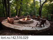 Backyard porch flaunting a crackling campfire amid the darkness. Generate Ai. Стоковое AI-изображение, AI-художник Иван Рябоконь / Фотобанк Лори