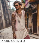 Stylish man on the street in rustic oversize thin fabric beige tank top with subtle burgundy paisley details,    Generative AI. Стоковое AI-изображение, AI-художник Анна Кривицкая / Фотобанк Лори