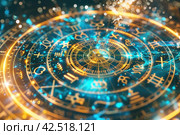 Blue and gold glowing astrology chart with zodiac symbols on a black background. Стоковое AI-изображение, AI-художник Юрий Поздников / Фотобанк Лори