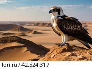 Bird is an osprey on sand san close up. Portrait of osprey (Pandion haliaetus) sitting on rock ridge in Sahara desert Observation animal world. Really adventure in Red sea, coast Africa. Стоковое AI-изображение, AI-художник Aleksandr Golubev / Фотобанк Лори