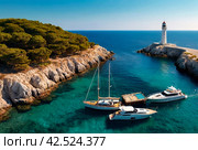 Sea panorama of moored yachts at Cape with lighthouse. Anchorage of ships at anchor. Marine life underwater in blue ocean. Observation animal world. Scuba diving adventure in Red sea, coast Africa. Стоковое AI-изображение, AI-художник Aleksandr Golubev / Фотобанк Лори