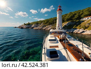 Sea panorama of moored yachts at Cape with lighthouse. Anchorage of ships at anchor. Marine life underwater in blue ocean. Observation animal world. Scuba diving adventure in Red sea, coast Africa. Стоковое AI-изображение, AI-художник Aleksandr Golubev / Фотобанк Лори