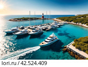 Sea panorama of moored yachts at Cape with lighthouse. Anchorage of ships at anchor. Marine life underwater in blue ocean. Observation animal world. Scuba diving adventure in Red sea, coast Africa. Стоковое AI-изображение, AI-художник Aleksandr Golubev / Фотобанк Лори