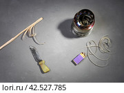 portable burner for picnics outdoors, knife and matches, for prepare ignition wooden shavings. Стоковое фото, фотограф Vladimir Vikhrov / Фотобанк Лори