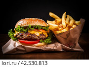 Easily-portable Tasty burger paper box with fries. Generate Ai. Стоковое AI-изображение, AI-художник Иван Рябоконь / Фотобанк Лори