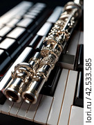 Flute with piano. Flute on piano keys. Wind instrument for musical design of concert creativity. Стоковое AI-изображение, AI-художник Aleksandr Golubev / Фотобанк Лори