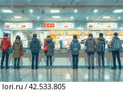 People waiting in line at a busy Tokyo food court, enjoying a variety of delicious dishes. Стоковое AI-изображение, AI-художник Юрий Поздников / Фотобанк Лори