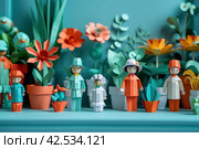 Colorful Paper People in a Vibrant Garden Scene for Creative Advertisement. Стоковое AI-изображение, AI-художник Юрий Поздников / Фотобанк Лори