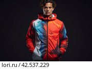 Vibrant Man wear colorful windbreaker futuristic. Generate Ai. Стоковое AI-изображение, AI-художник Иван Рябоконь / Фотобанк Лори