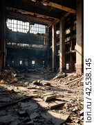 Remains of destroyed industrial building with internal communications. Demolition of building on territory plant. Background with dilapidated building and fragments of bricks and construction debris. Стоковое AI-изображение, AI-художник Aleksandr Golubev / Фотобанк Лори