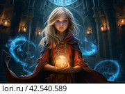 Spellbinding Mage child girl fantasy dungeon. Generate Ai. Стоковое AI-изображение, AI-художник Иван Рябоконь / Фотобанк Лори