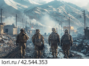 Combat soldiers of an elite counter-terrorism unit return to base after a raid.,    Generative AI. Стоковое AI-изображение, AI-художник Анна Кривицкая / Фотобанк Лори