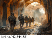 Combat soldiers of an elite counter-terrorism unit return to base after a raid.,    Generative AI. Стоковое AI-изображение, AI-художник Анна Кривицкая / Фотобанк Лори