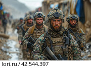 Combat soldiers of an elite counter-terrorism unit return to base after a raid.,    Generative AI. Стоковое AI-изображение, AI-художник Анна Кривицкая / Фотобанк Лори