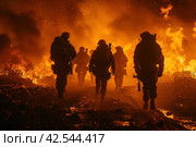 Combat soldiers of an elite counter-terrorism unit return to base after a raid.,    Generative AI. Стоковое AI-изображение, AI-художник Анна Кривицкая / Фотобанк Лори