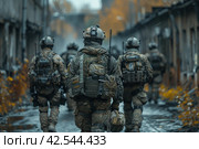Combat soldiers of an elite counter-terrorism unit return to base after a raid.,    Generative AI. Стоковое AI-изображение, AI-художник Анна Кривицкая / Фотобанк Лори