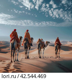 Caravan camels in the large dunes desert, .    Generative AI. Стоковое AI-изображение, AI-художник Анна Кривицкая / Фотобанк Лори