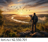 Birdwatcher shooting birds in beautiful sunlight. Стоковое фото, фотограф Ольга Сергеева / Фотобанк Лори