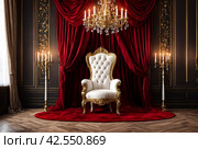 Old white and gold Royal chair with red curtains and candelabra in medieval vintage room. Throne for king in castle. Background in architecture or retro interior design. Copy space, text place. Стоковое AI-изображение, AI-художник Aleksandr Golubev / Фотобанк Лори