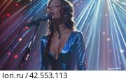 Female singer with microphone on stage in front of bright colorful lights. Стоковое AI-видео, аниматор Юрий Поздников / Фотобанк Лори