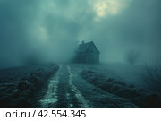 Old abandoned house in a foggy winter landscape. Retro style..,    Generative AI. Стоковое AI-изображение, AI-художник Анна Кривицкая / Фотобанк Лори