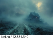 Old abandoned house in a foggy winter landscape. Retro style..,    Generative AI. Стоковое AI-изображение, AI-художник Анна Кривицкая / Фотобанк Лори