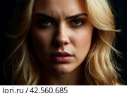 Close-up pretty portrait an angry discontented woman with finger on lips against dark background. Female emotion happy and actress show. Concept of satisfaction and inspiration. Copy space. Стоковое AI-изображение, AI-художник Aleksandr Golubev / Фотобанк Лори