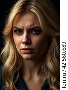 Close-up pretty portrait an angry discontented woman with finger on lips against dark background. Female emotion happy and actress show. Concept of satisfaction and inspiration. Copy space. Стоковое AI-изображение, AI-художник Aleksandr Golubev / Фотобанк Лори