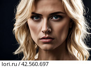 Close-up pretty portrait an angry discontented woman with finger on lips against dark background. Female emotion happy and actress show. Concept of satisfaction and inspiration. Copy space. Стоковое AI-изображение, AI-художник Aleksandr Golubev / Фотобанк Лори