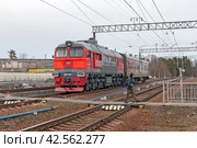 Магистральный тепловоз ДМ62 - 1856 сетевой № 13467949 с вагоном-дефектоскопом стоит на станции Токсово во Всеволожском районе Ленинградской области (2024 год). Редакционное фото, фотограф Румянцева Наталия / Фотобанк Лори