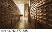 Библиотека, стенды с картотекой, солнечный свет library, card index stands, sunlight. Стоковое видео, видеограф Опока Алексей / Фотобанк Лори