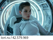 Futuristic Female Astronaut in Spacecraft. Стоковое AI-изображение, AI-художник Кирилл Черезов / Фотобанк Лори