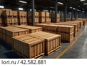 Storage warehouse of chemical liquids. Smooth rows of liquid containers in wooden boxes. Background of bottles stored in warehouses. Concept of warehousing and storage of goods. Copy space. Стоковое AI-изображение, AI-художник Aleksandr Golubev / Фотобанк Лори