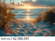 Sunset on the beach with grass and sea in the background.,    Generative AI. Стоковое AI-изображение, AI-художник Анна Кривицкая / Фотобанк Лори