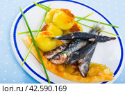 Roasted pilchards with potato balls and focaccia. Стоковое фото, фотограф Яков Филимонов / Фотобанк Лори