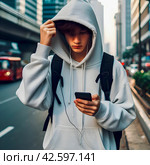 Подросток в худи с капюшоном на голове, залипает в соцсетях в смартфоне с наушниками в ушах. Опасная зависимость от гаджетов и невнимательность. Городской пейзаж. Стоковое AI-изображение, AI-художник Sergei Gorin / Фотобанк Лори