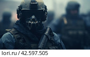 soldiers and snipers on the ground. Стоковое AI-изображение, AI-художник Юлия Гапеенко / Фотобанк Лори