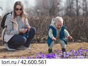A handsome, cheerful little boy of two years old walks with his mother on the street in the spring. The kid plays and collects flowers for his mother in the park. The concept of parenthood, childhood and family. Стоковое фото, фотограф Photojuli / Фотобанк Лори