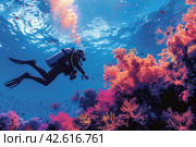 Scuba diver in the underwater world of a coral reef surrounded by the deep blue sea.,    Generative AI. Стоковое AI-изображение, AI-художник Анна Кривицкая / Фотобанк Лори