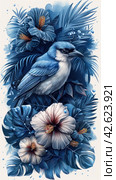 Bird among tropical flowers, blue colors, watercolor,    Generative AI. Стоковое AI-изображение, AI-художник Анна Кривицкая / Фотобанк Лори