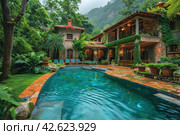 Pool in the shade of trees near the house, tropics,    Generative AI. Стоковое AI-изображение, AI-художник Анна Кривицкая / Фотобанк Лори