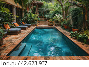 Pool in the shade of trees near the house, tropics,    Generative AI. Стоковое AI-изображение, AI-художник Анна Кривицкая / Фотобанк Лори