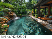 Pool in the shade of trees near the house, tropics,    Generative AI. Стоковое AI-изображение, AI-художник Анна Кривицкая / Фотобанк Лори