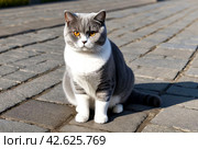 Serious British Shorthair Cat Sitting Outdoors, confident looking forward attentively. Gray british shorthair cat sits calmly on paved surface inside. Pet cats concept. Copy ad text space poster. Стоковое AI-изображение, AI-художник Aleksandr Golubev / Фотобанк Лори