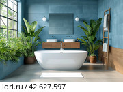 Modern minimalist bathroom interior, modern bathroom cabinet, white sink, wooden vanity, interior plants, bathroom accessories, bathtub and shower, white and blue walls, concrete floor. Стоковое AI-изображение, AI-художник Ирина Михайличенко / Фотобанк Лори