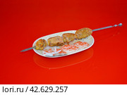 Шашлык из утки на белой тарелке с луком и соусом на зеркальном красном фоне. Стоковое фото, фотограф Михаил Киселев / Фотобанк Лори