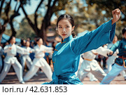 A girl in a blue kimono performs exercises on oriental martial practices in a summer meadow. Healthy lifestyle. Стоковое AI-изображение, AI-художник Ярославский Максим / Фотобанк Лори