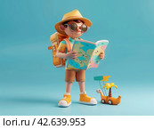 Ironic 3d traveller with a map in the jungle. Strange device is by his side. Стоковое AI-изображение, AI-художник Катерина Ковалева / Фотобанк Лори